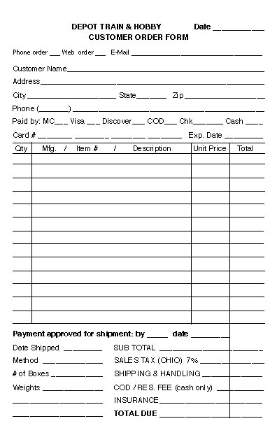 Printable customer order form
